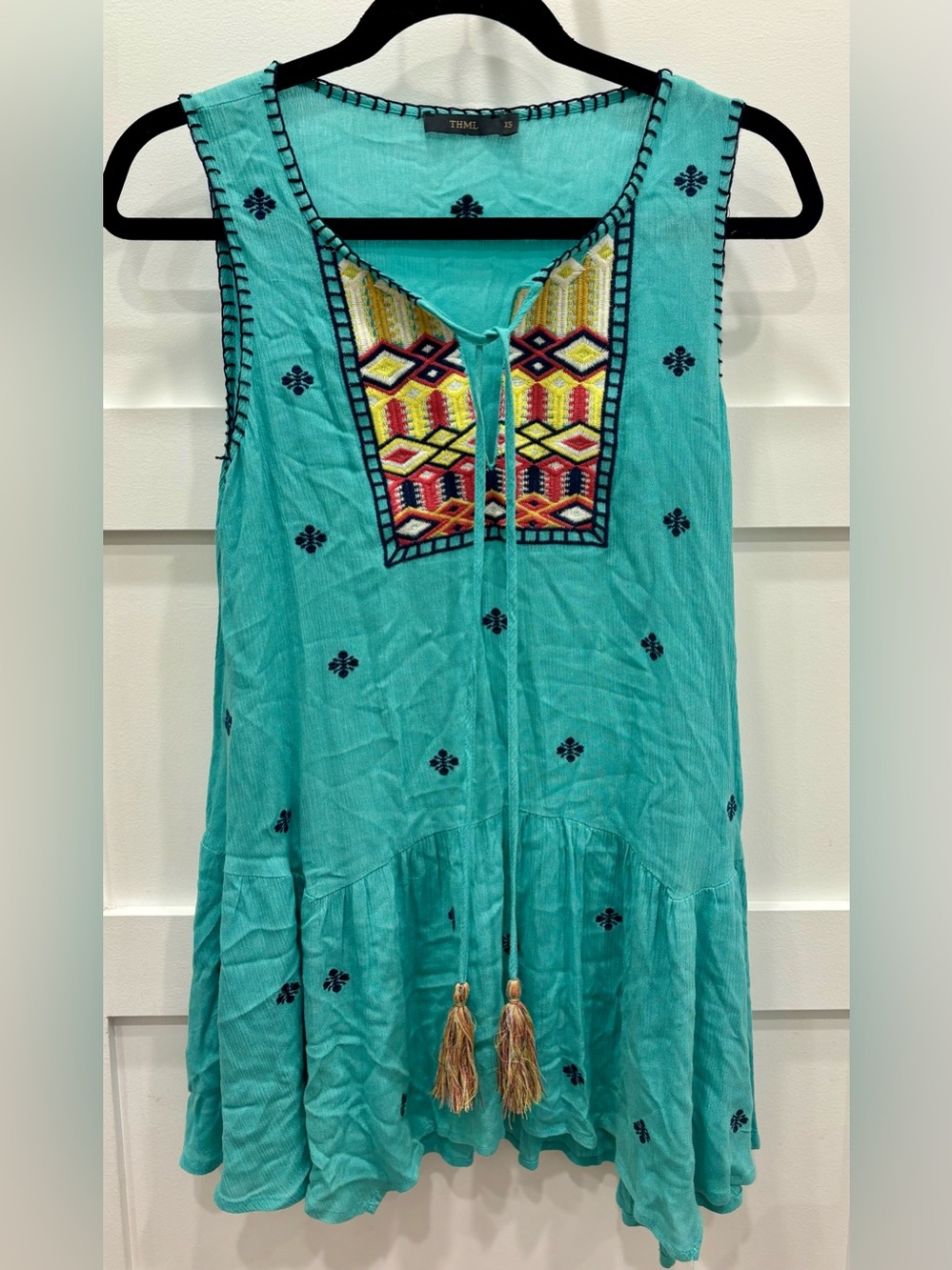 THML Turquoise Embroidered Shift Dress with Tribal Navy Accents